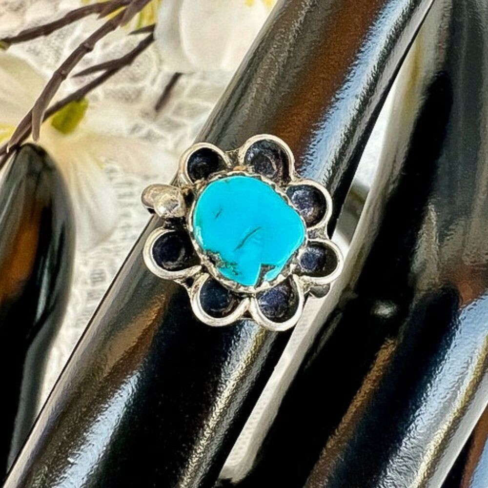 Vintage Turquoise & Sterling Floral Ring
